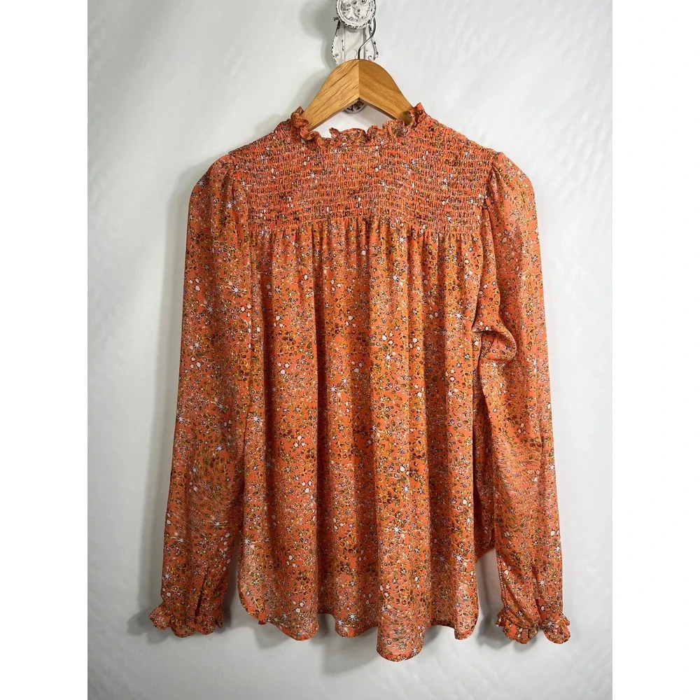Free People Lela Orange Floral Smocked Yoke Ruffle Neck Tie‎ Blouse S OB1010657